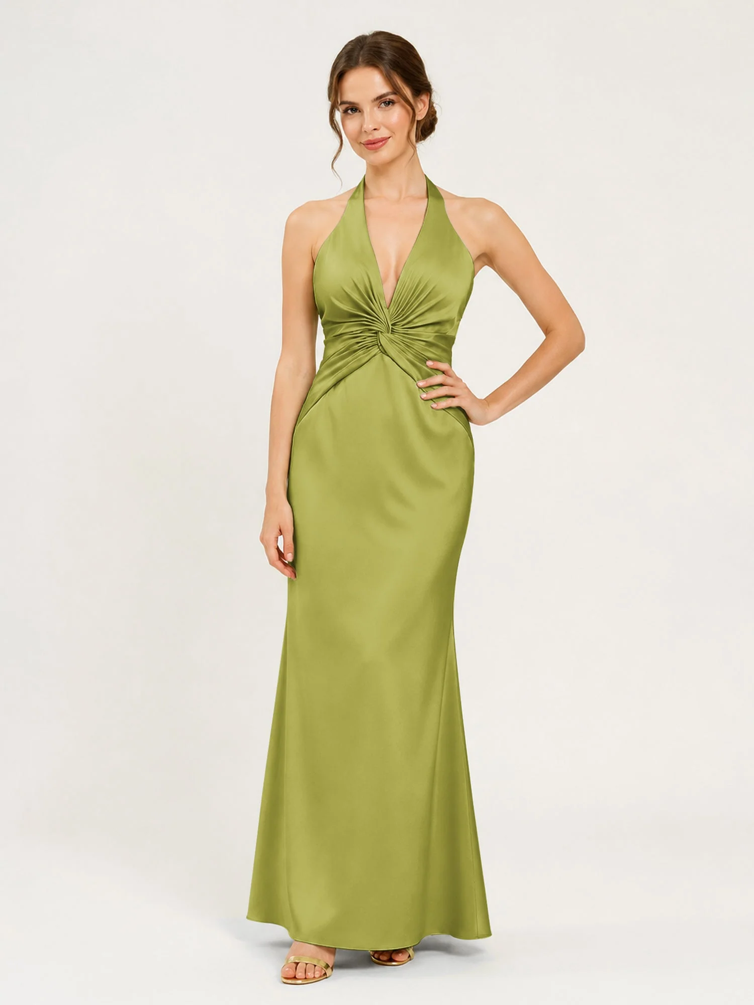 Satin Abendkleid mit Neckholder und Knotendetail an der Taille Kleegrün