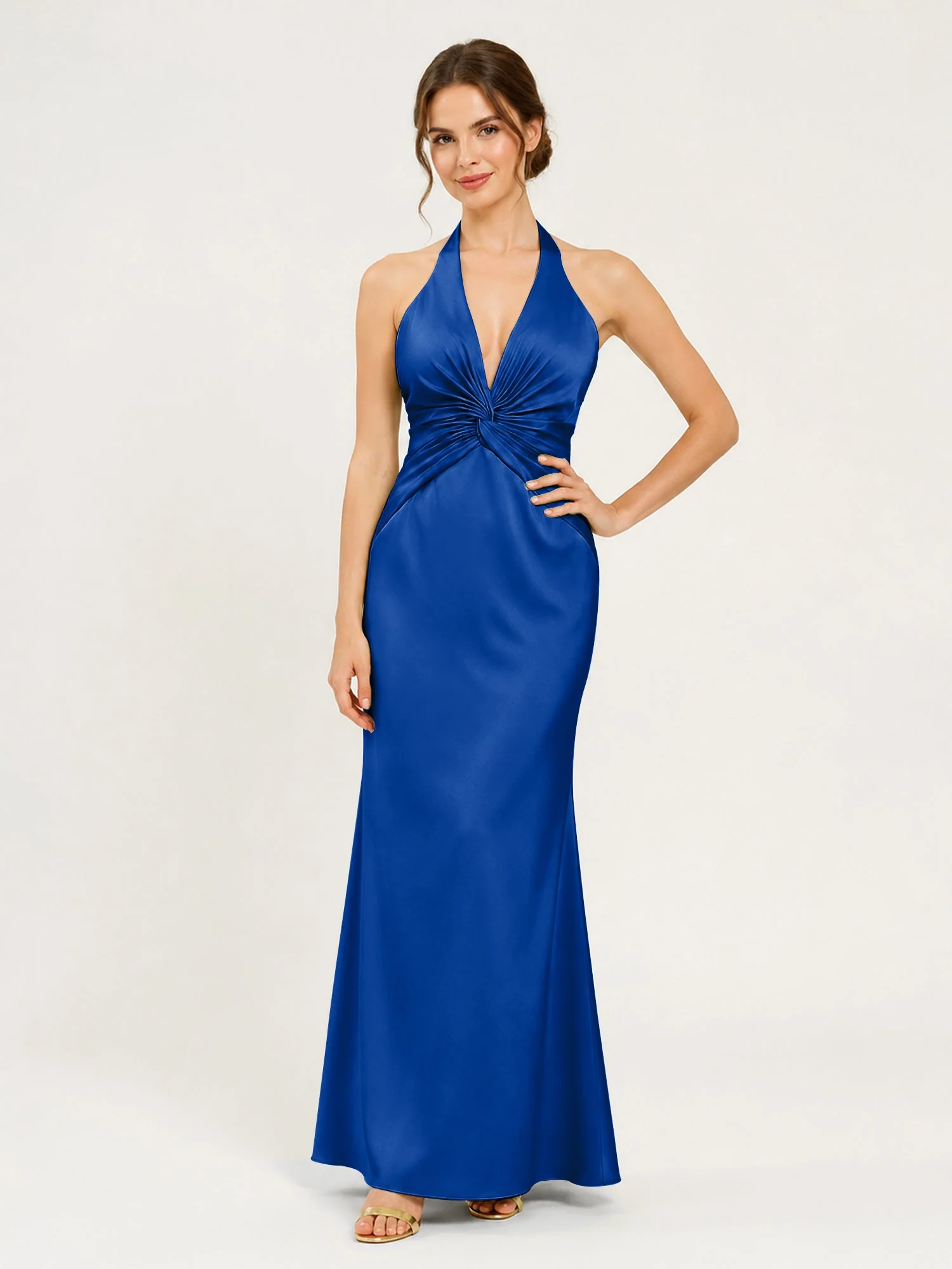Satin Abendkleid mit Neckholder und Knotendetail an der Taille Königsblau
