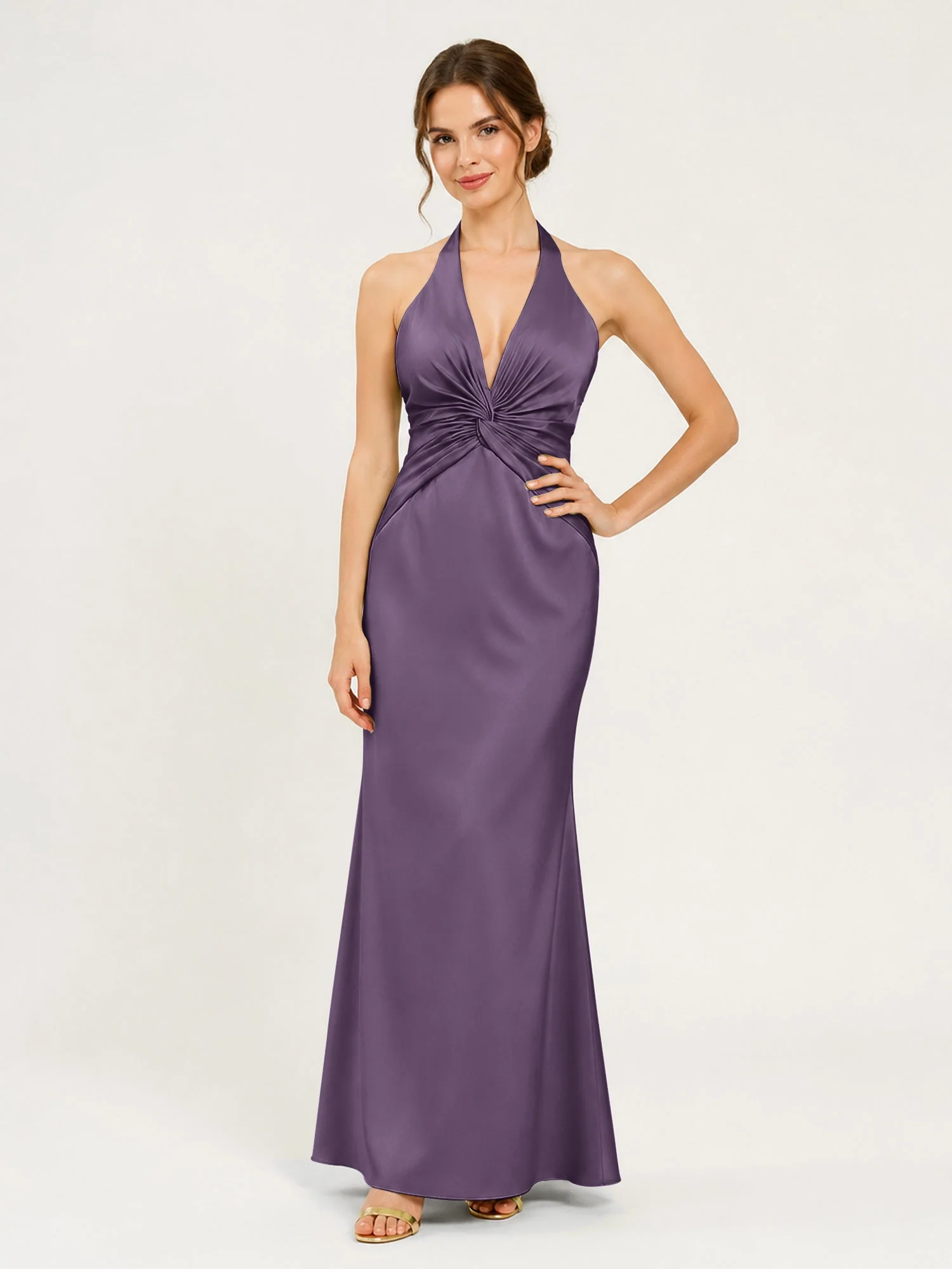 Satin Abendkleid mit Neckholder und Knotendetail an der Taille Plum