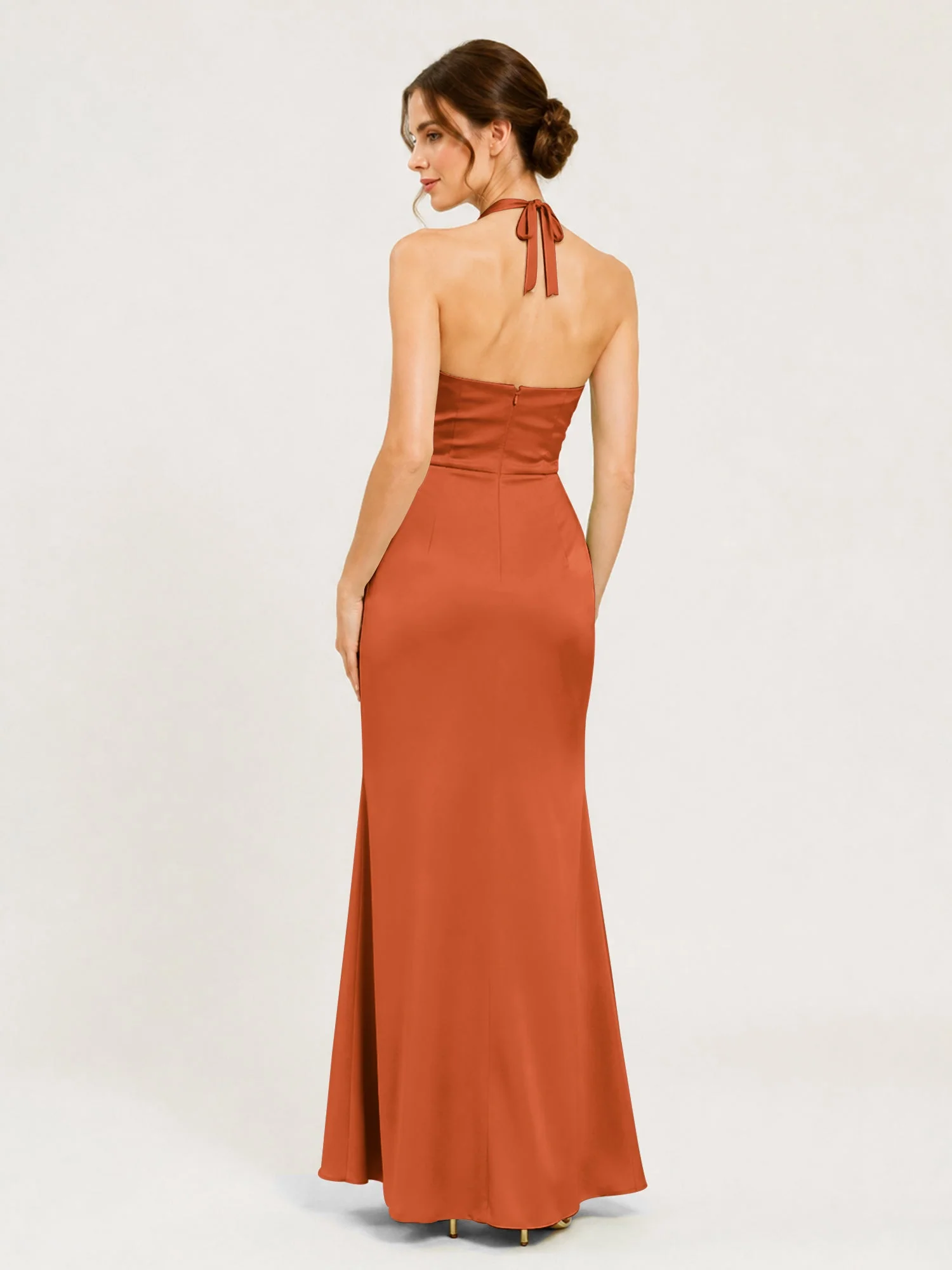 Satin Abendkleid mit Neckholder und Knotendetail an der Taille Rost - Image 2