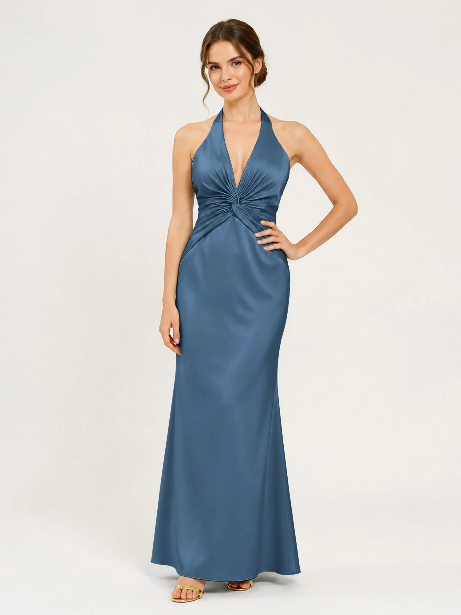 Satin Abendkleid mit Neckholder und Knotendetail an der Taille Schiefer Blau