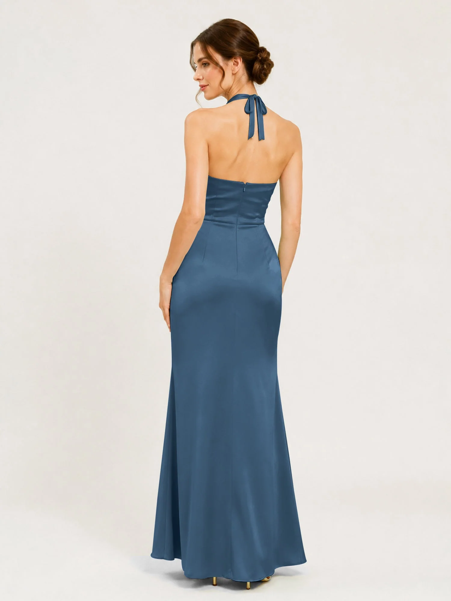 Satin Abendkleid mit Neckholder und Knotendetail an der Taille Schiefer Blau - Image 2