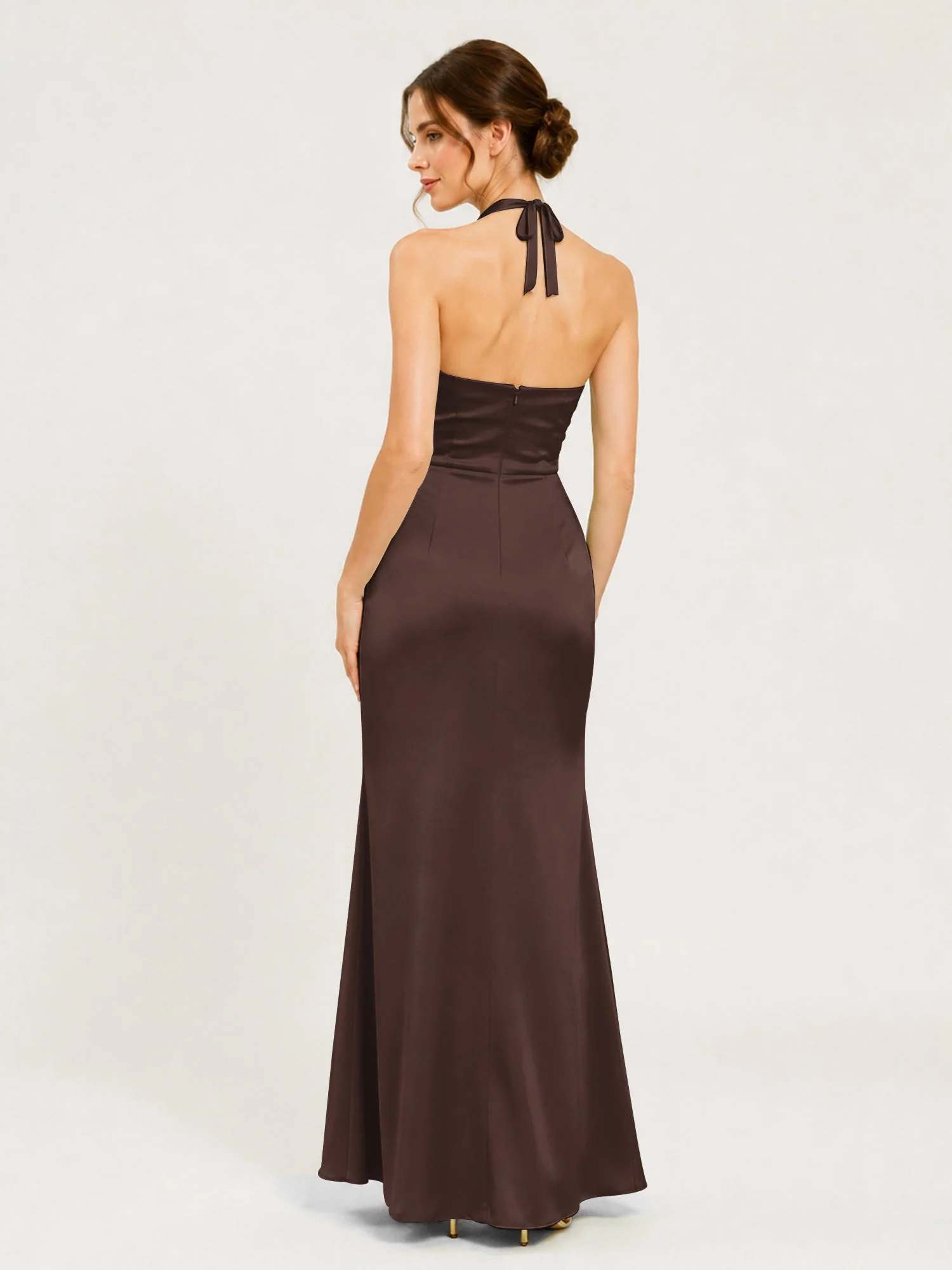Satin Abendkleid mit Neckholder und Knotendetail an der Taille Schokolade - Image 2