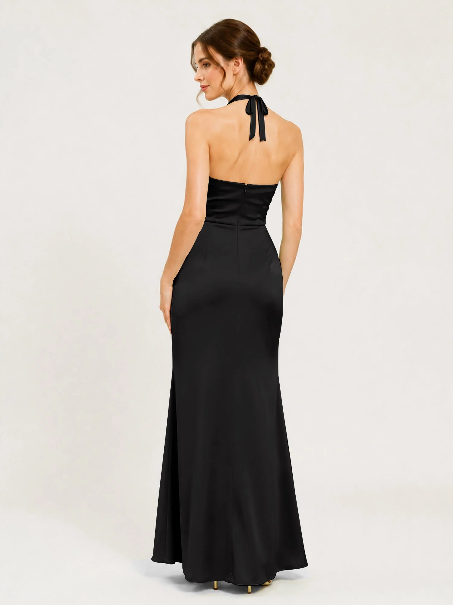 Satin Abendkleid mit Neckholder und Knotendetail an der Taille Schwarz - Image 2