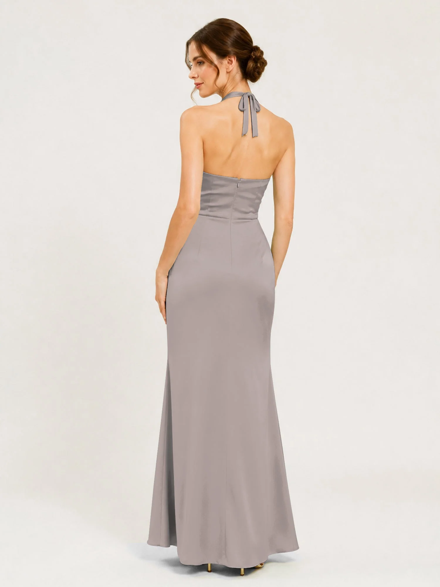 Satin Abendkleid mit Neckholder und Knotendetail an der Taille Silber - Image 2
