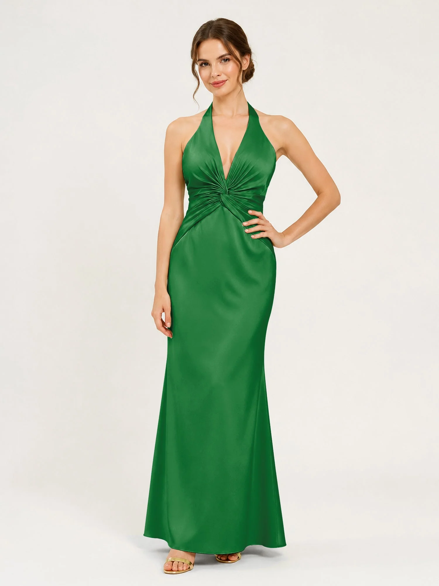 Satin Abendkleid mit Neckholder und Knotendetail an der Taille Smaragd