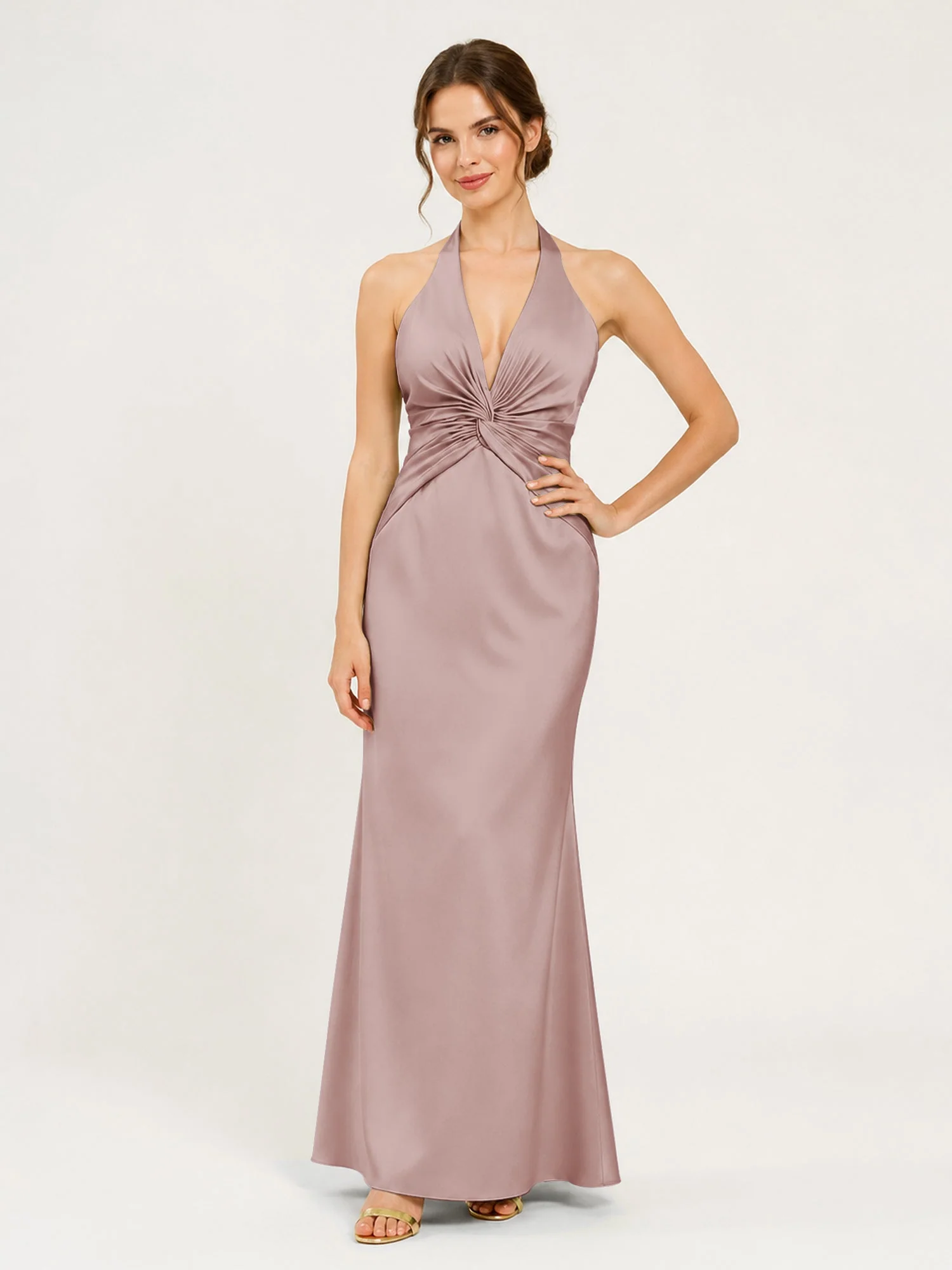 Satin Abendkleid mit Neckholder und Knotendetail an der Taille Staubige Rosa