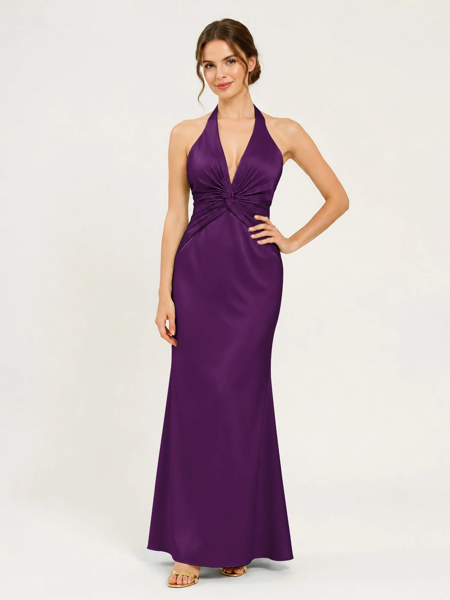 Satin Abendkleid mit Neckholder und Knotendetail an der Taille Traube