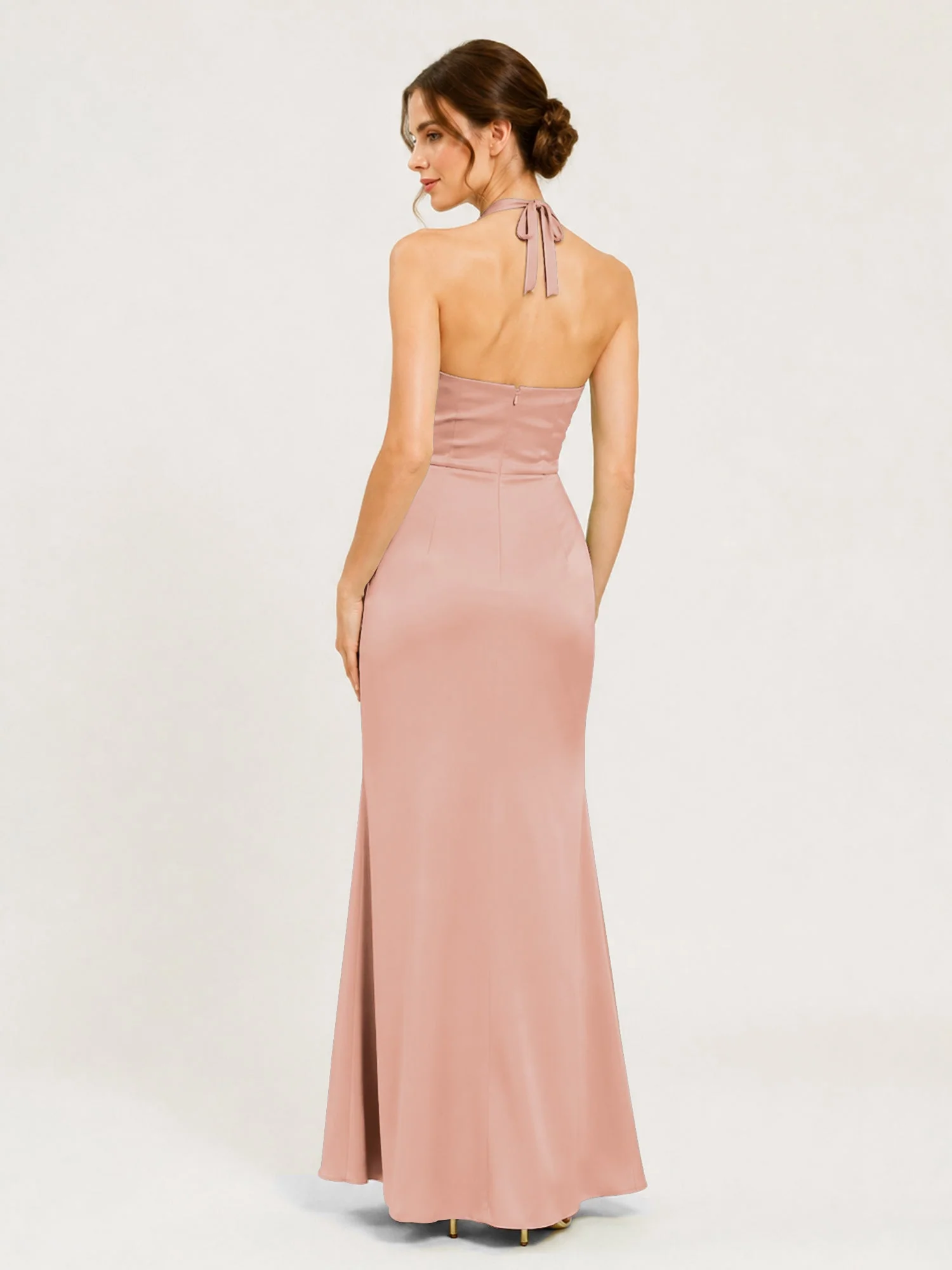 Satin Abendkleid mit Neckholder und Knotendetail an der Taille Zartrosa - Image 2