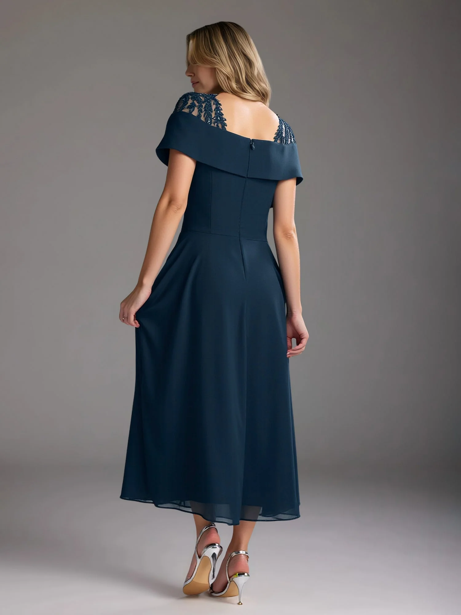Chic A-Linie Spitze Quadratausschnitt Chiffon Wadenlang Kleid Traube - Image 2