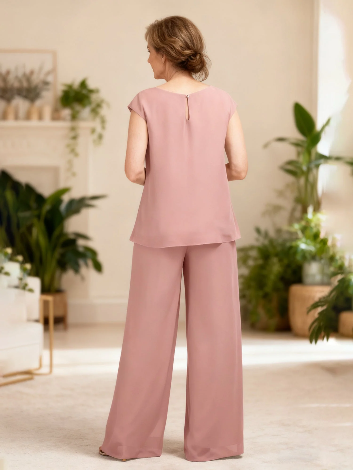 Chiffon Cap Ärmel Tunika Breitbein Hose Zweiteilige Set Azalee - Image 2
