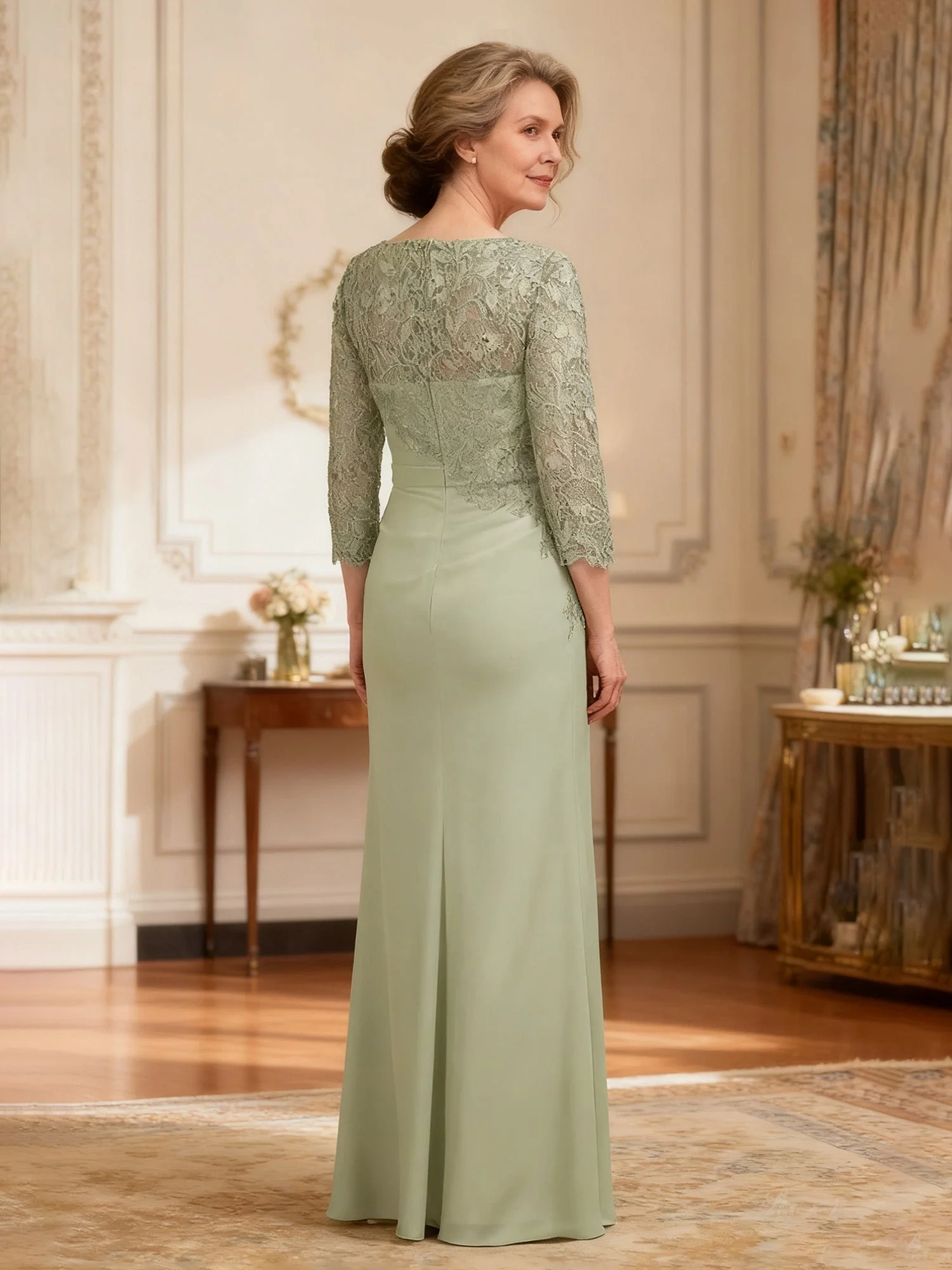Elegant Illusion Ausschnitt Formell Kleid mit Ruching Detail Staubiges Salbei - Image 2