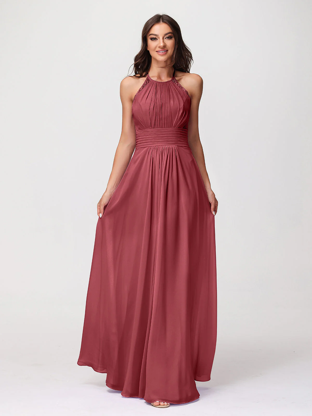 Neckholder Chiffon lange Kleider mit Spitze Träger Zimtrose
