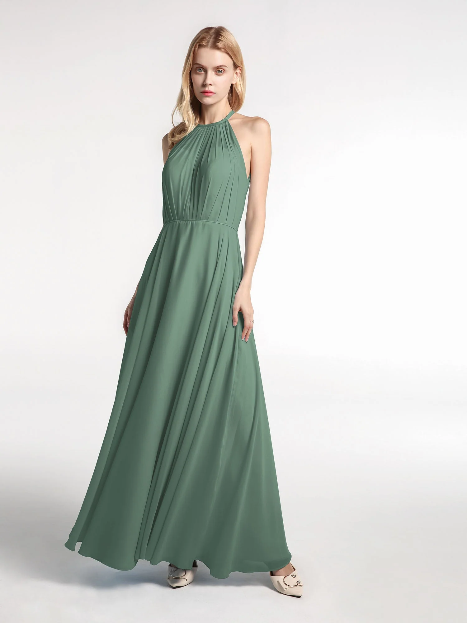 Neckholder Chiffon Langes Kleid mit Kreisrock Eukalyptus