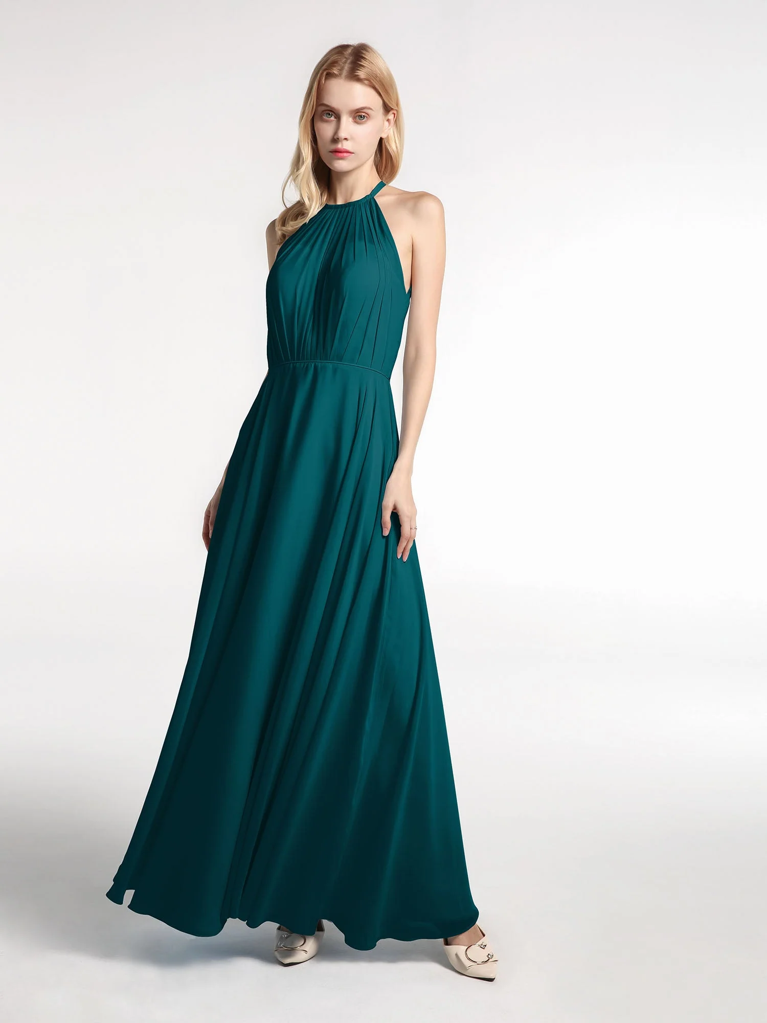 Neckholder Chiffon Langes Kleid mit Kreisrock Kieferngrün