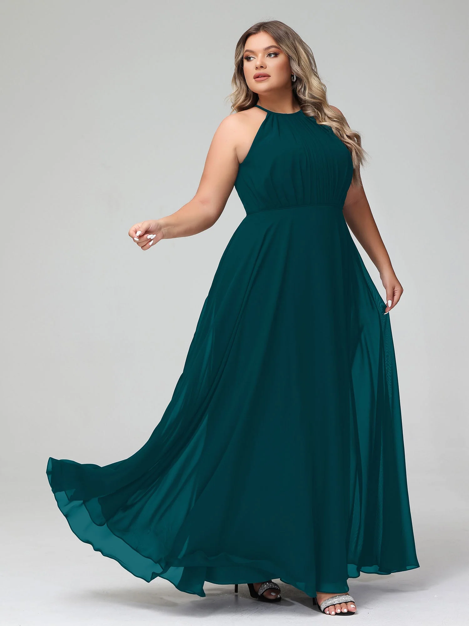 Neckholder Chiffon Langes Kleid mit Kreisrock Kieferngrün - Image 9