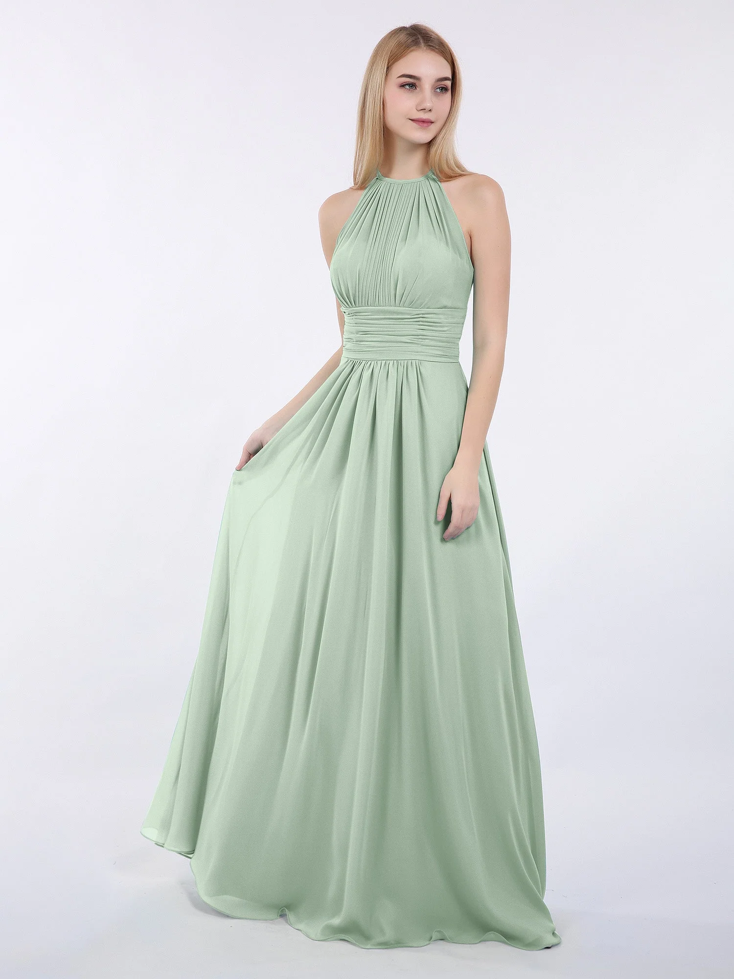 Neckholder Chiffon Maxi Kleid der Brautjungfer Agavengrün