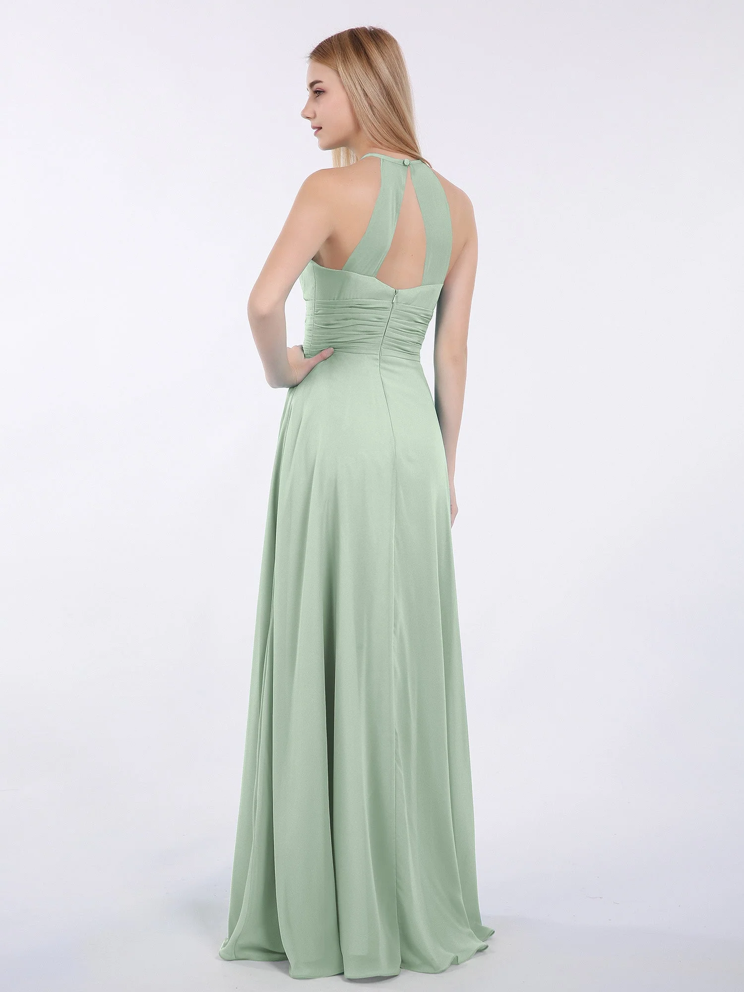 Neckholder Chiffon Maxi Kleid der Brautjungfer Agavengrün - Image 2