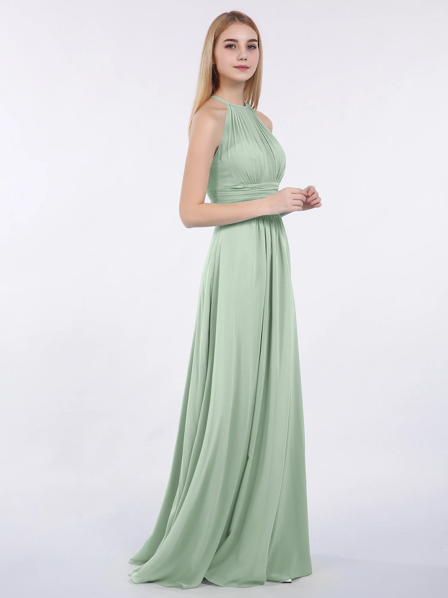 Neckholder Chiffon Maxi Kleid der Brautjungfer Agavengrün - Image 3