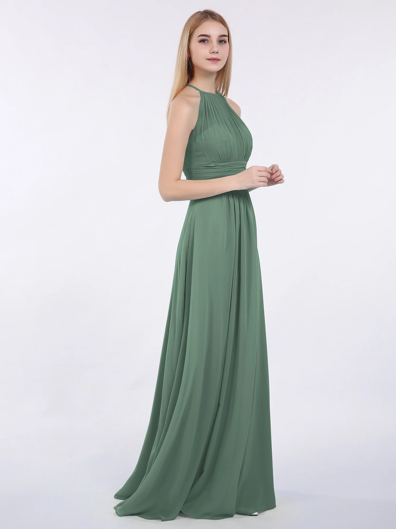 Neckholder Chiffon Maxi Kleid der Brautjungfer Eukalyptus - Image 3