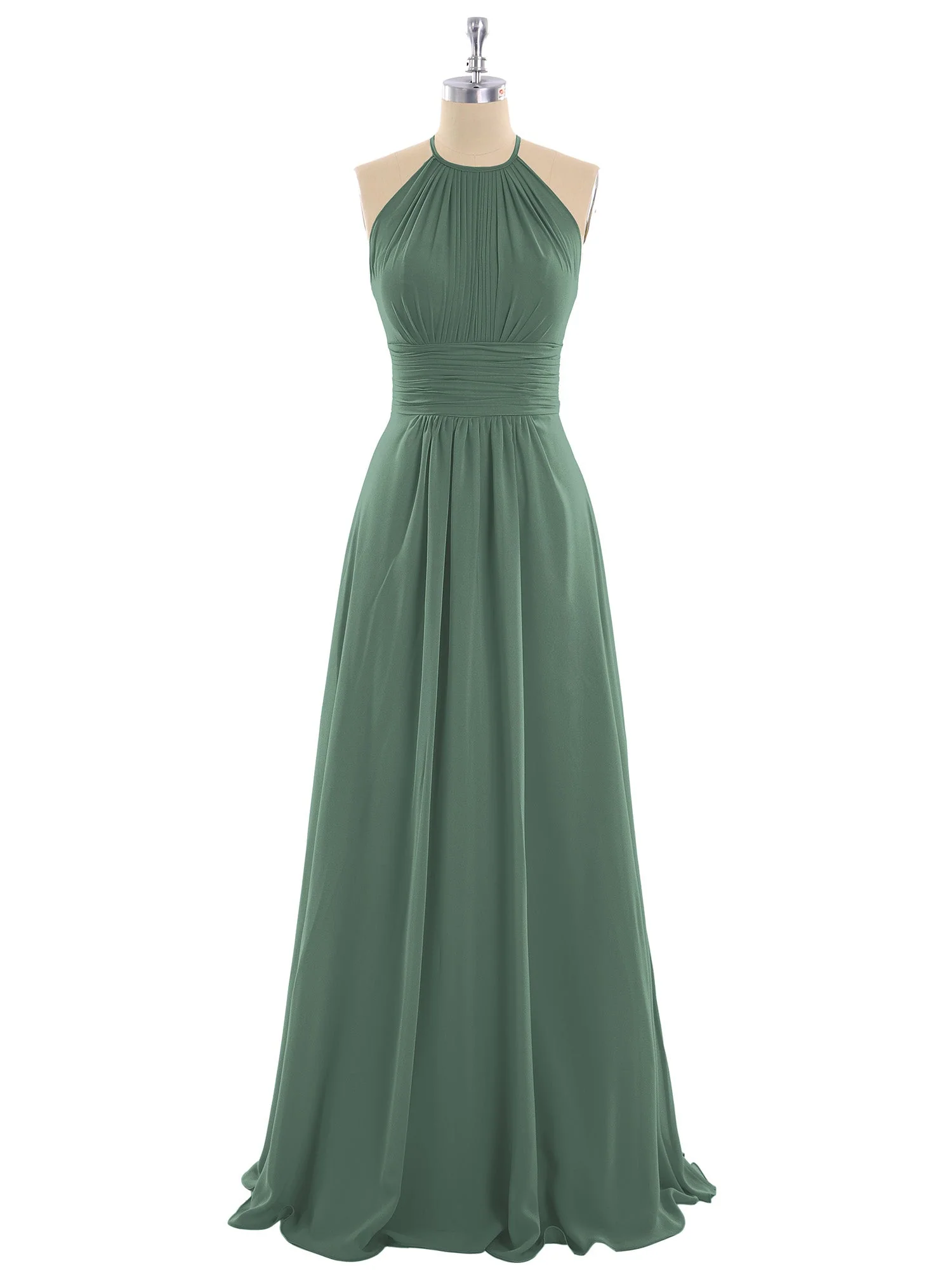 Neckholder Chiffon Maxi Kleid der Brautjungfer Eukalyptus - Image 4