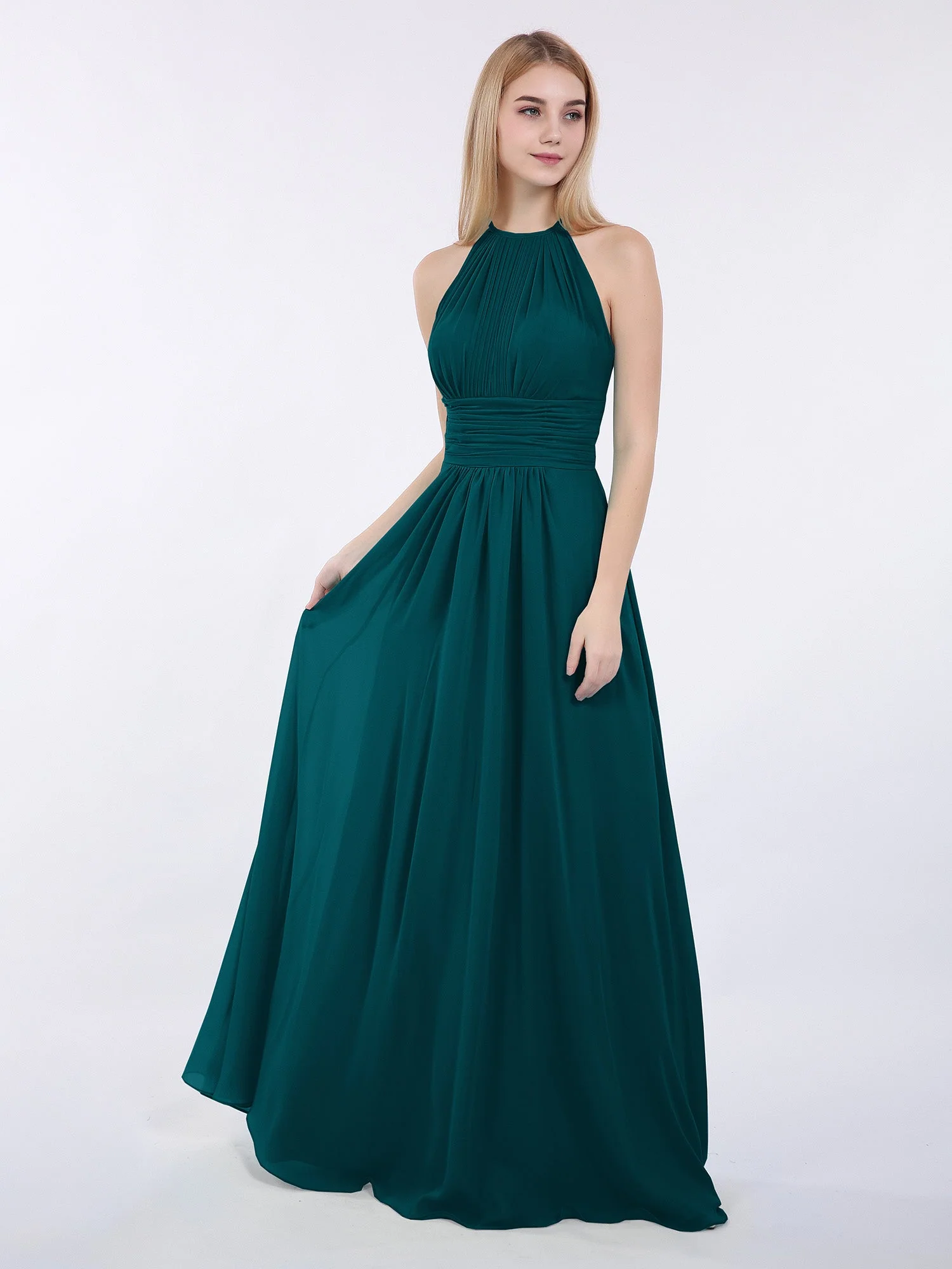 Neckholder Chiffon Maxi Kleid der Brautjungfer Kieferngrün