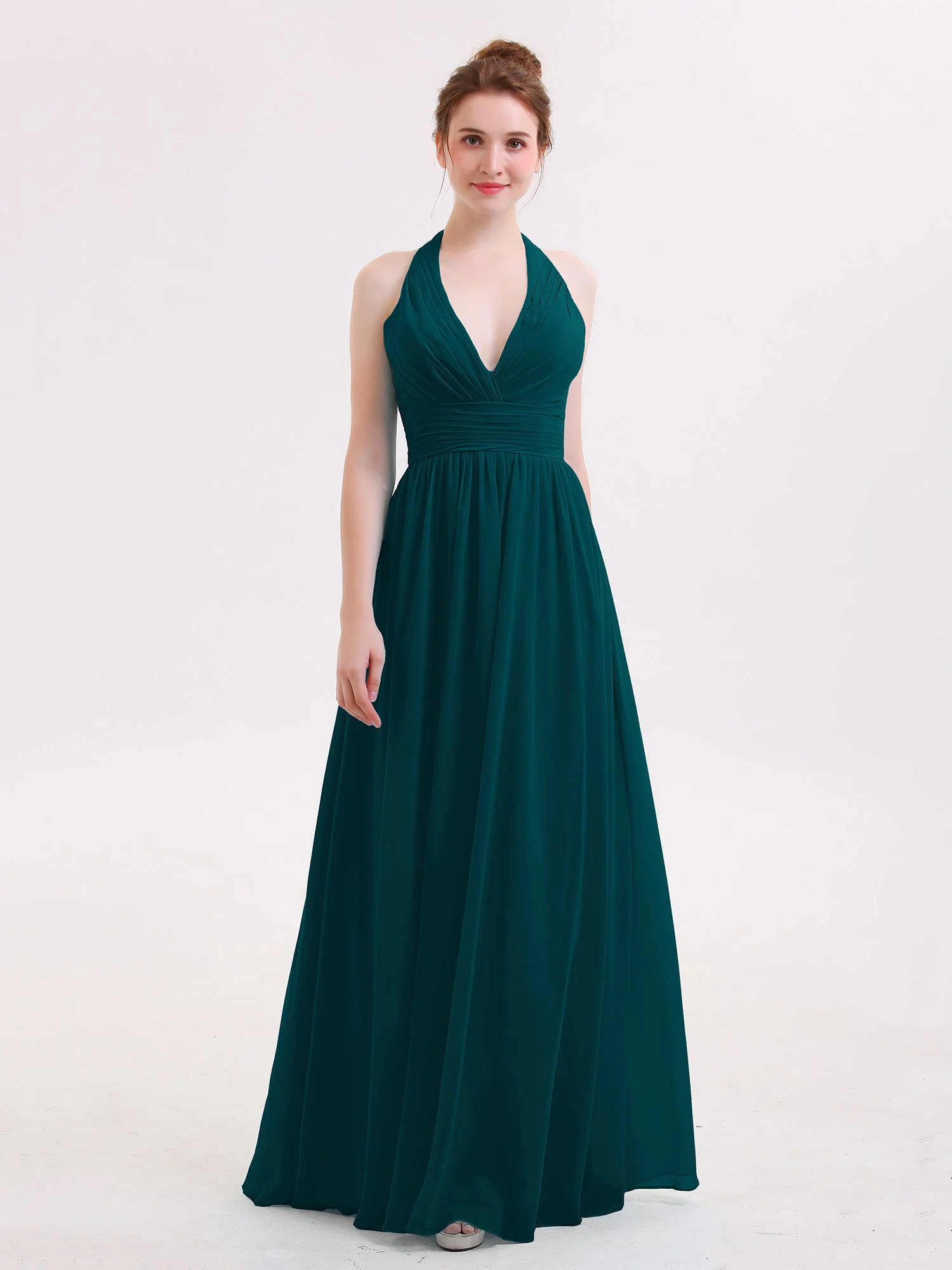 Neckholder V-Ausschnitt Chiffon Brautjungfernkleid Kieferngrün