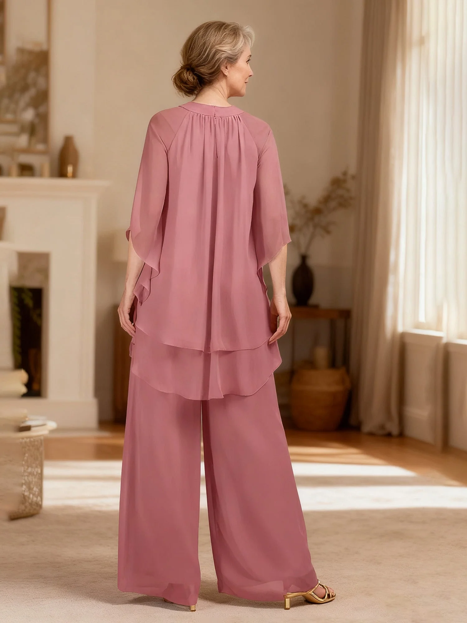 Schichtig Chiffon Poncho Oberteil Breitbein Hose Anzug Bonbonrosa - Image 2
