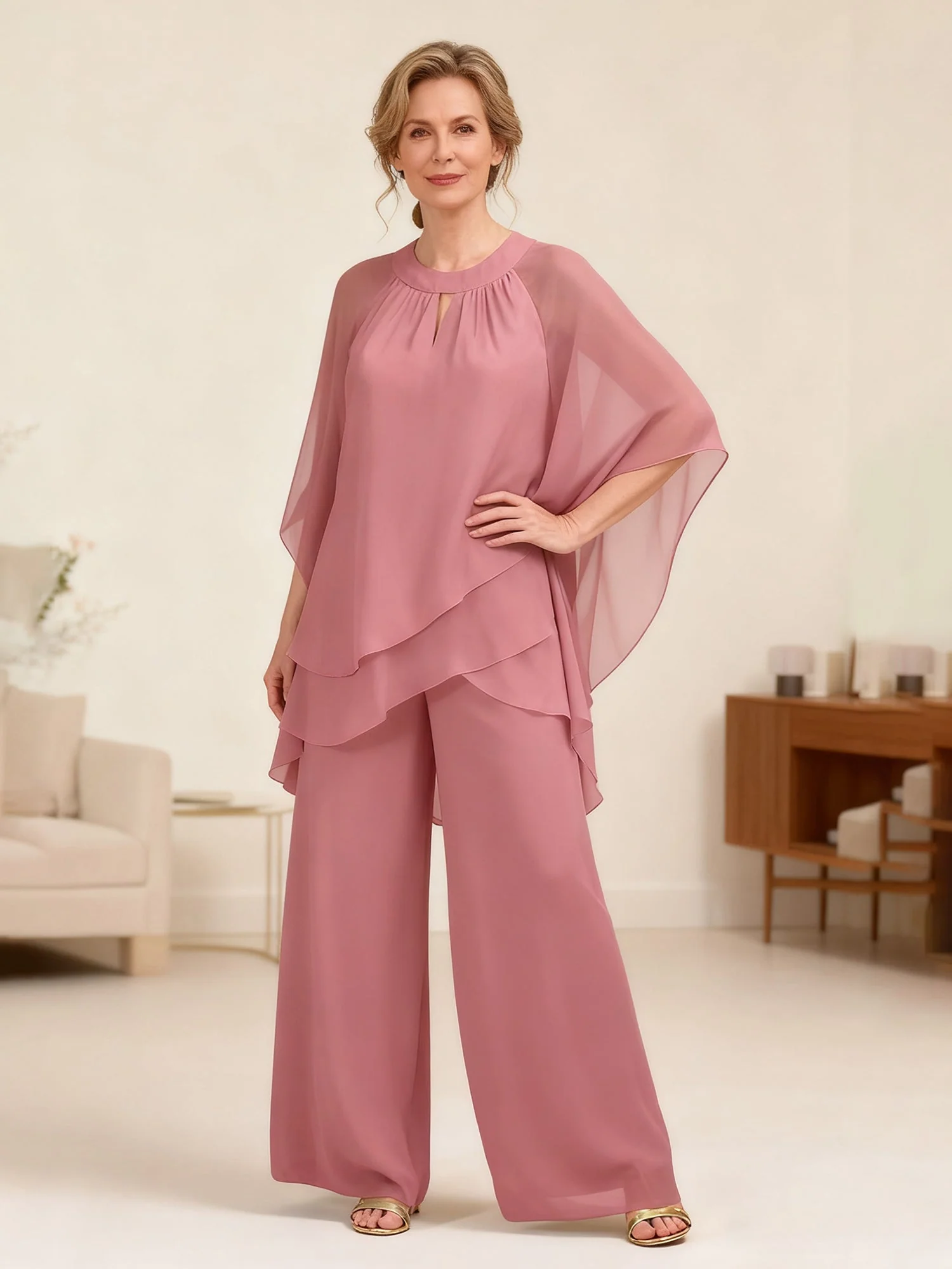 Schichtig Chiffon Poncho Oberteil Breitbein Hose Anzug Pfau