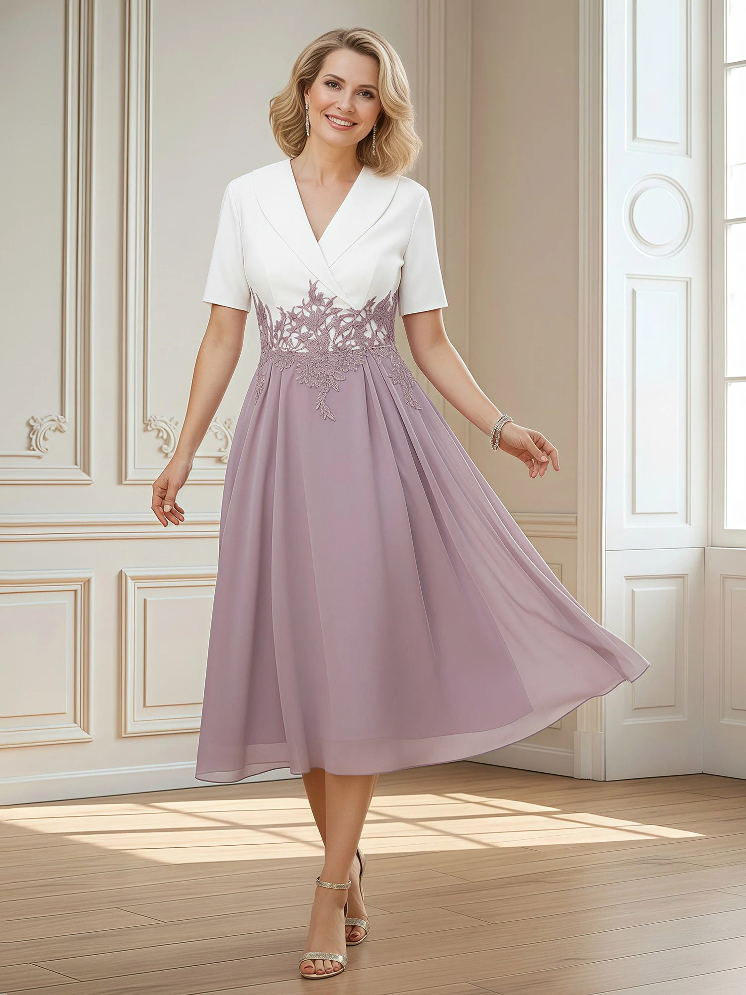 Kurz Ärmels V-Ausschnitt Satin Chiffon A-Linie Kleid Dämmerung