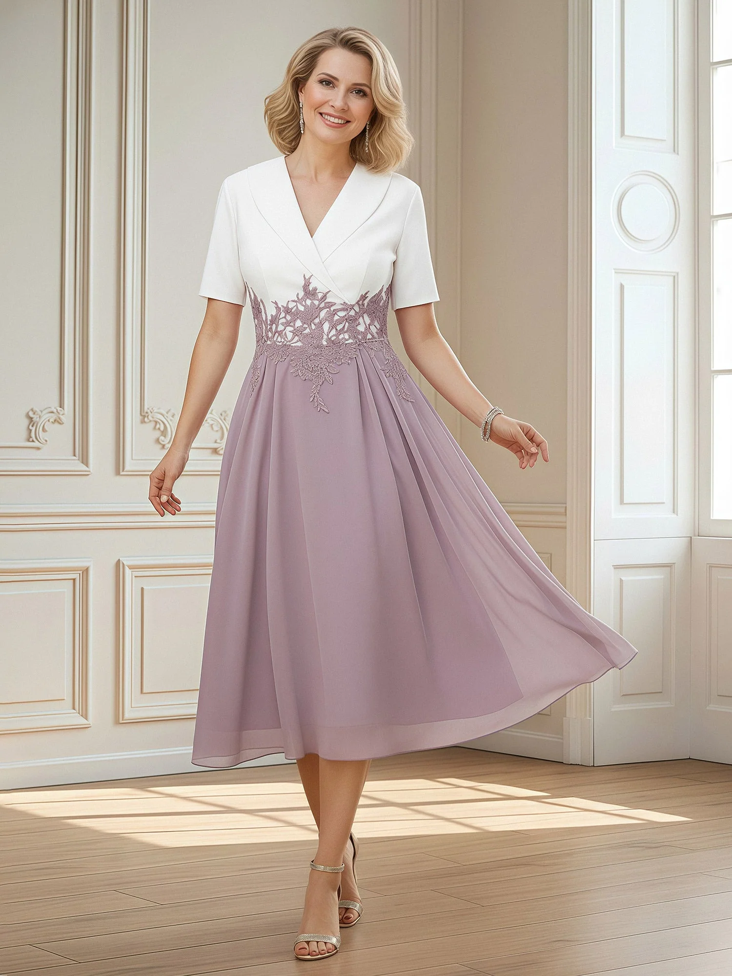 Kurz Ärmels V-Ausschnitt Satin Chiffon A-Linie Kleid Elfenbein
