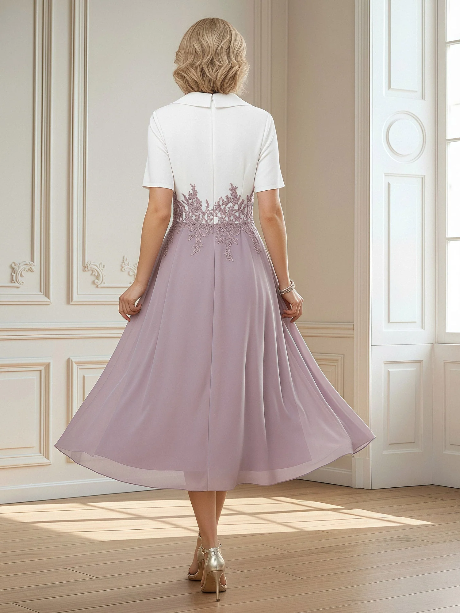 Kurz Ärmels V-Ausschnitt Satin Chiffon A-Linie Kleid Lavendel - Image 2