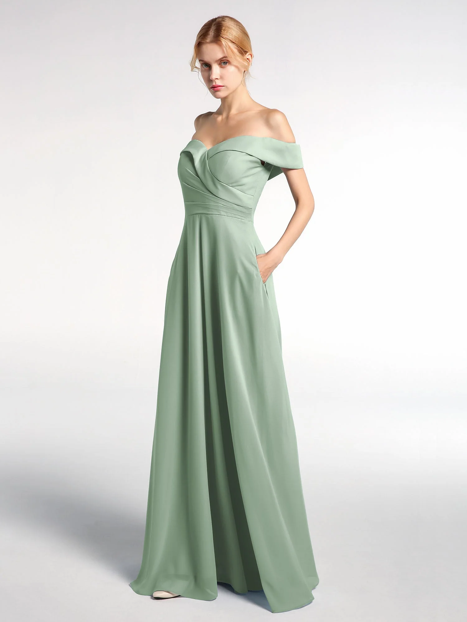 Off-The-Schulter Kleid mit Taschen und Kreisrock Agavengrün - Image 3