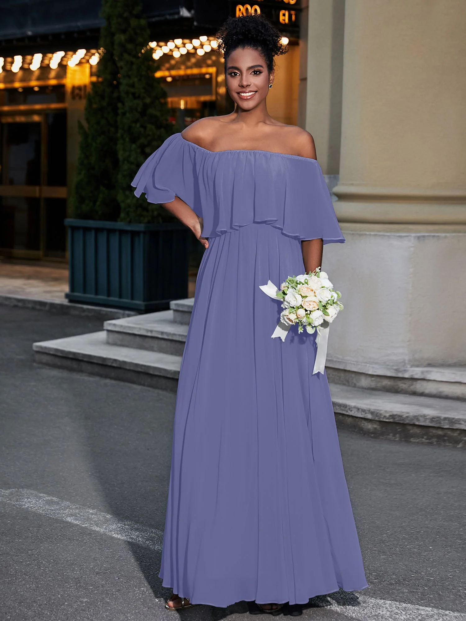Off-The-Schulter Rüschen Chiffon Langes Kleid Periwinkleblau
