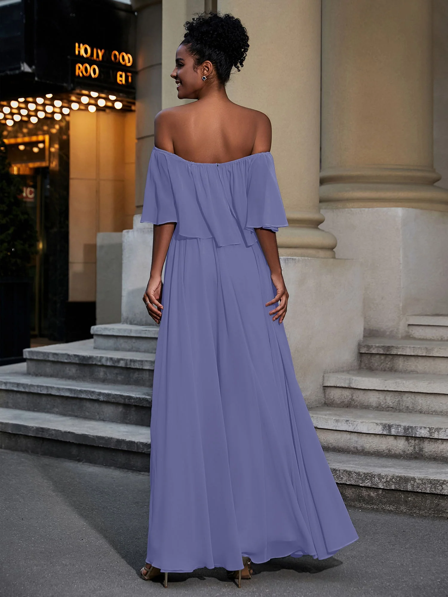 Off-The-Schulter Rüschen Chiffon Langes Kleid Periwinkleblau - Image 2