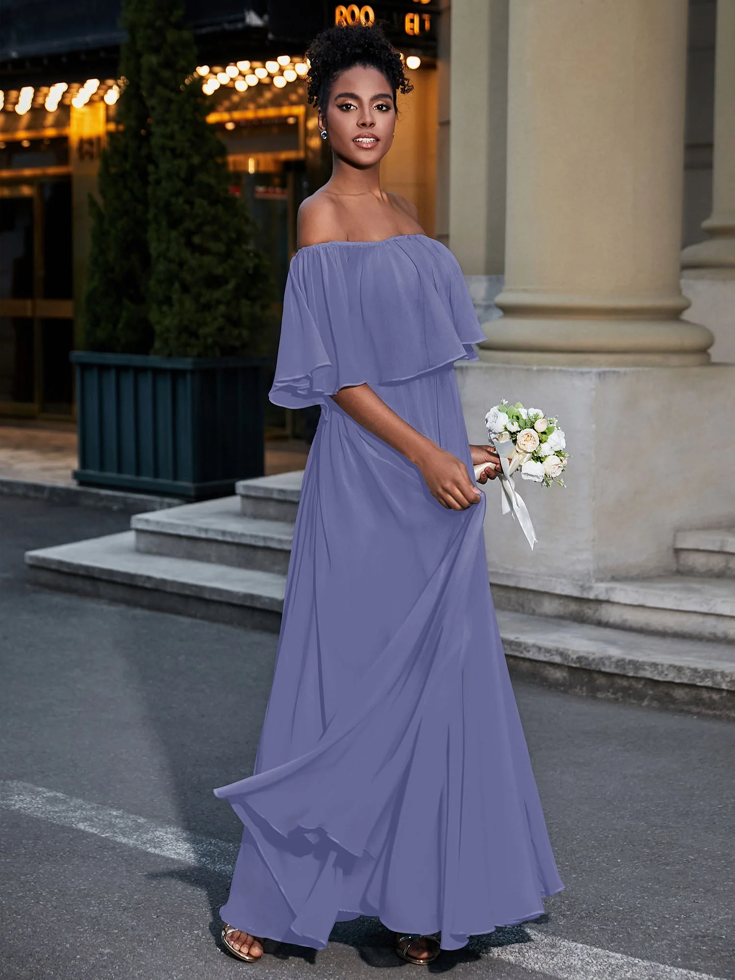 Off-The-Schulter Rüschen Chiffon Langes Kleid Periwinkleblau - Image 3
