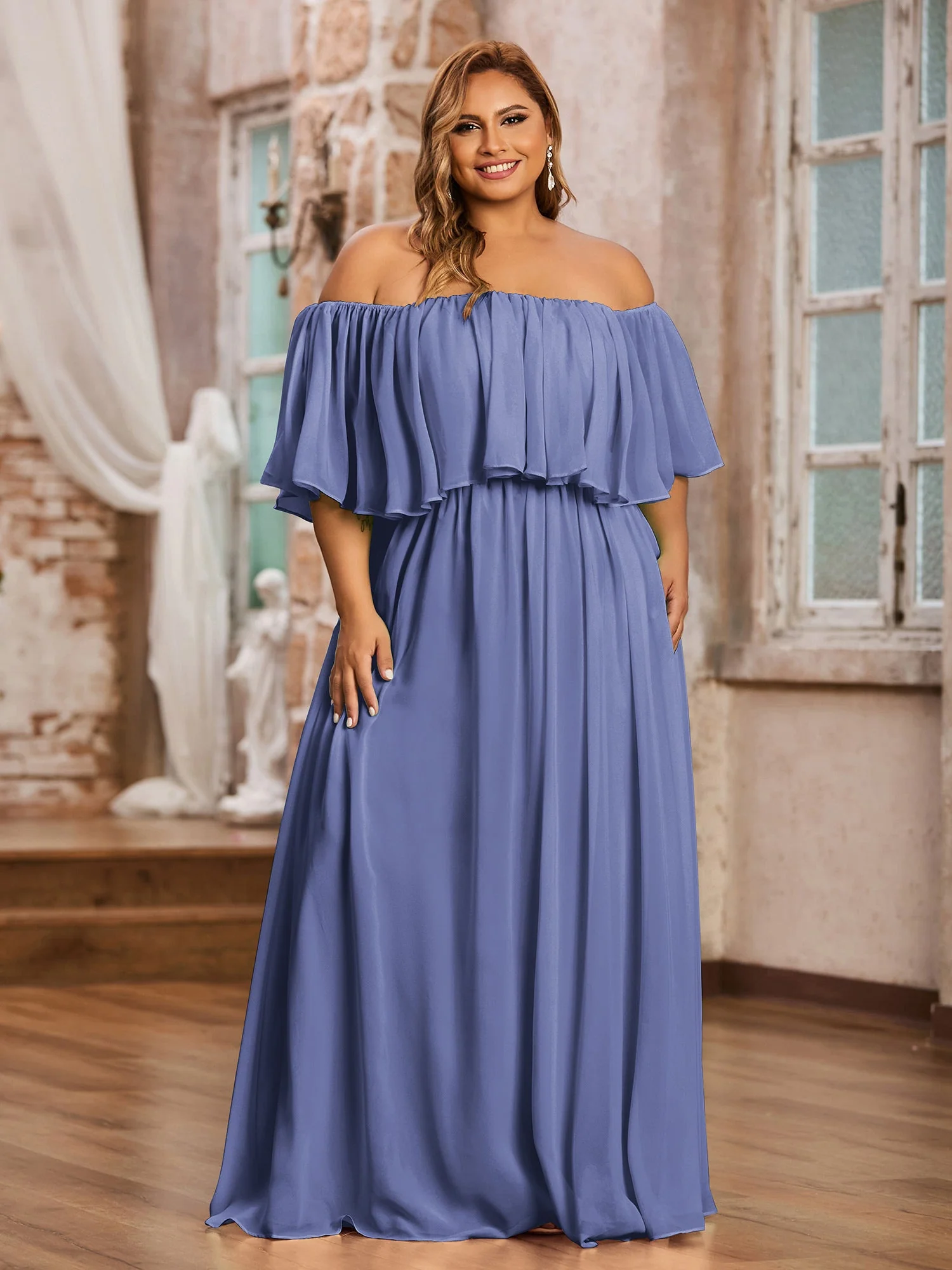 Off-The-Schulter Rüschen Chiffon Langes Kleid Periwinkleblau - Image 4