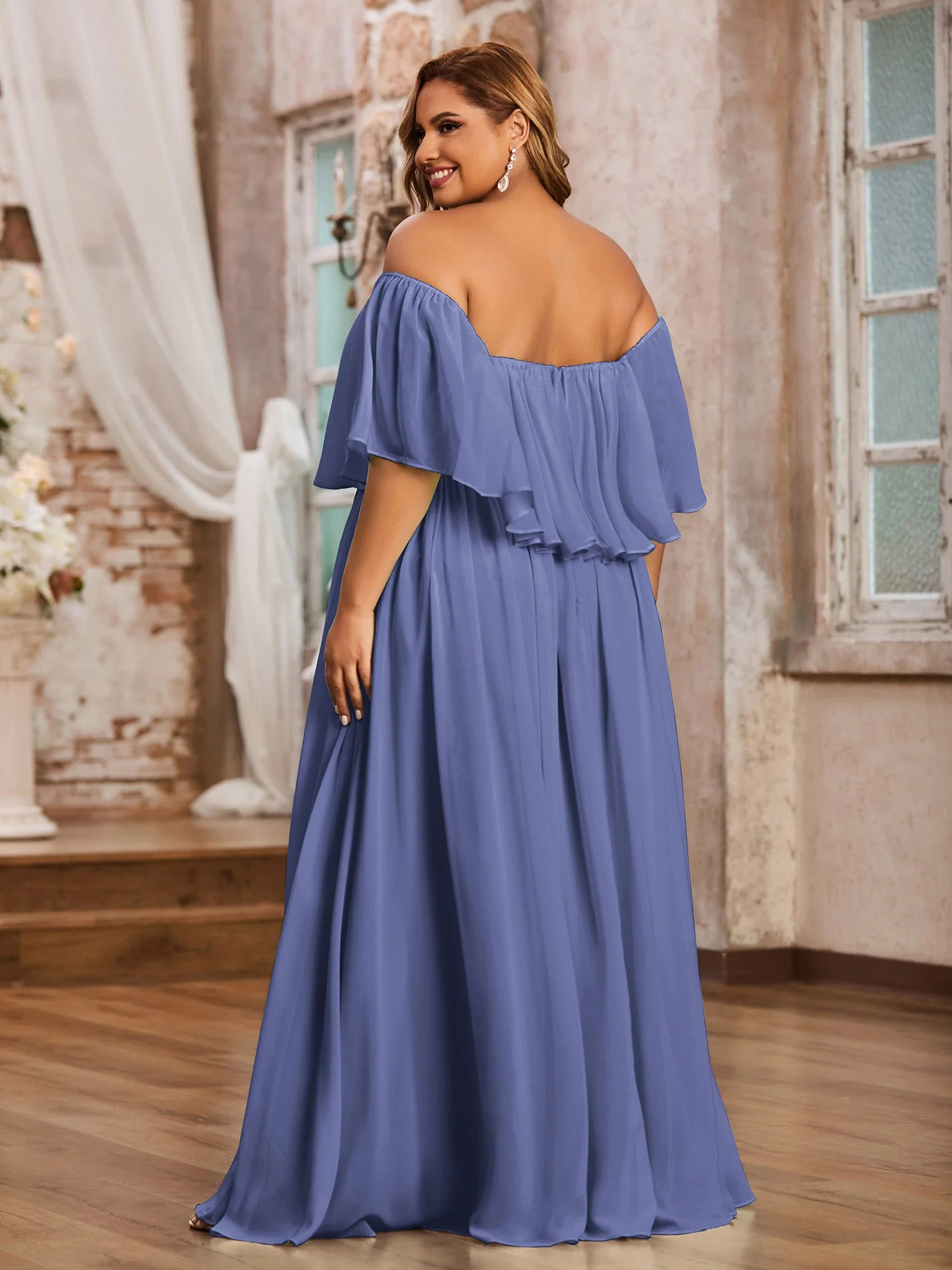 Off-The-Schulter Rüschen Chiffon Langes Kleid Periwinkleblau - Image 5