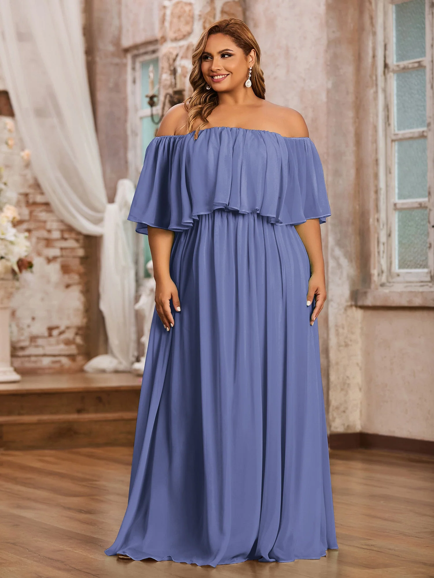 Off-The-Schulter Rüschen Chiffon Langes Kleid Periwinkleblau - Image 6