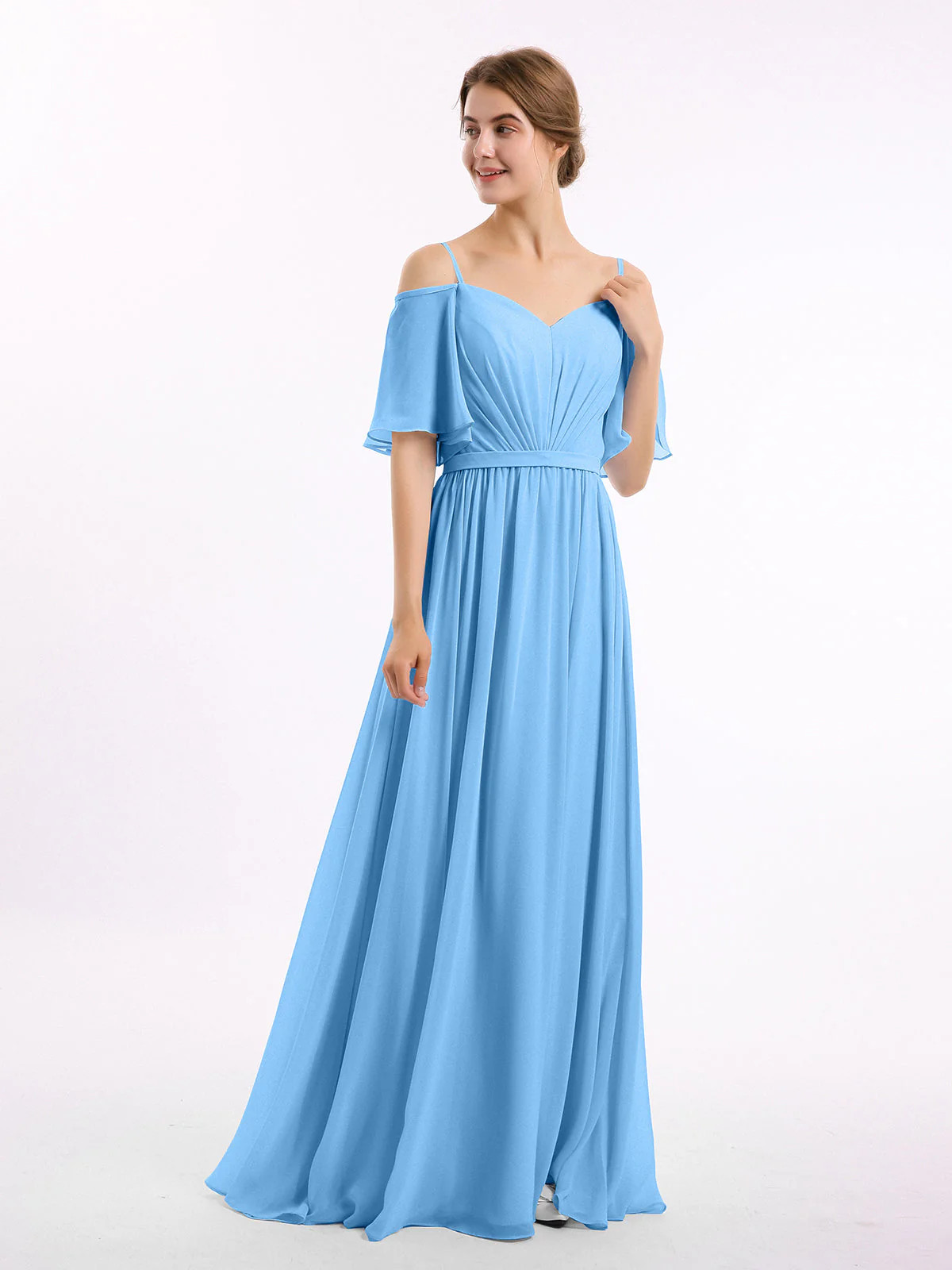 Off-The-Schulter Spaghetti Träger Chiffon Kleid Blau - Image 3