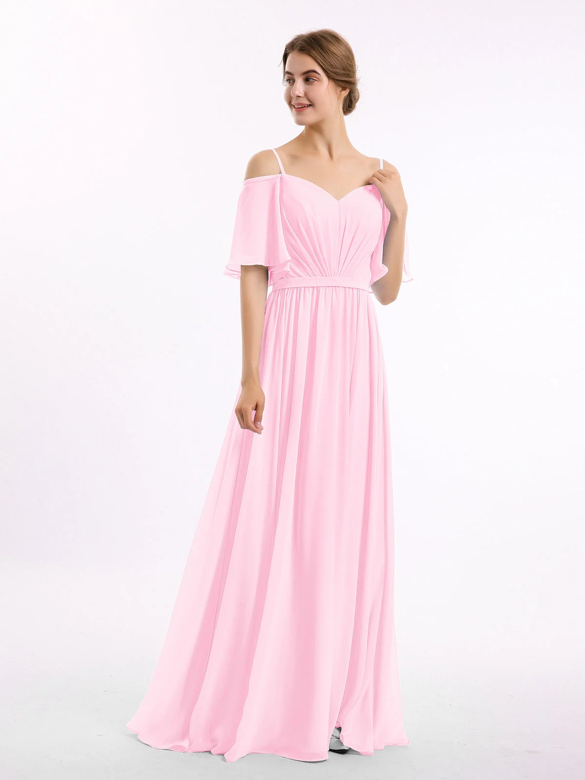 Off-The-Schulter Spaghetti Träger Chiffon Kleid Bonbonrosa - Image 3