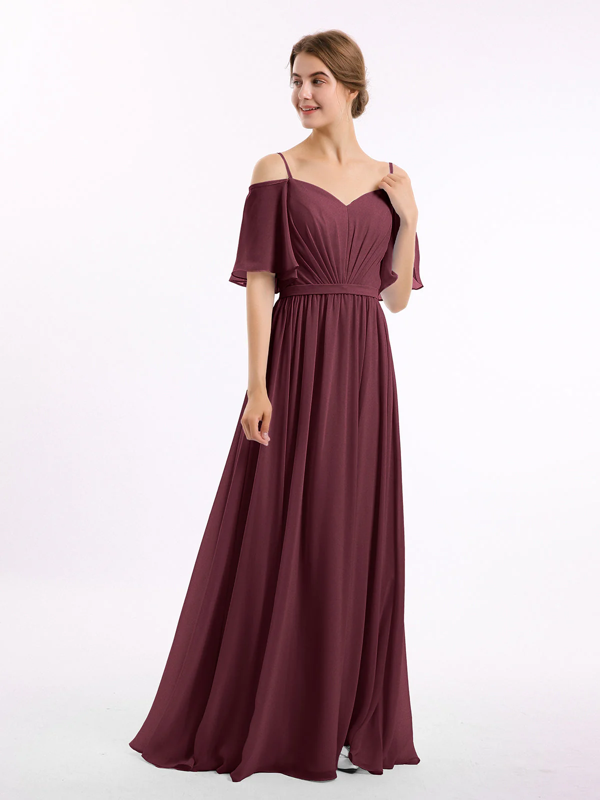 Off-The-Schulter Spaghetti TrÀger Chiffon Kleid Cabernet - Image 3