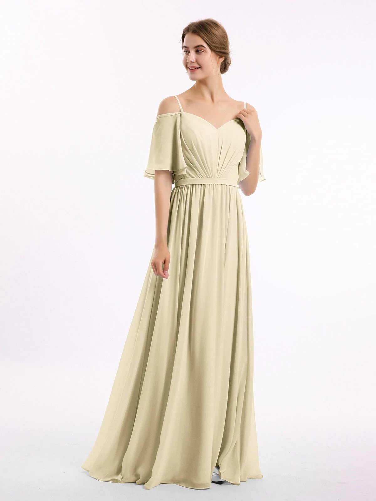 Off-The-Schulter Spaghetti Träger Chiffon Kleid Champagner - Image 3