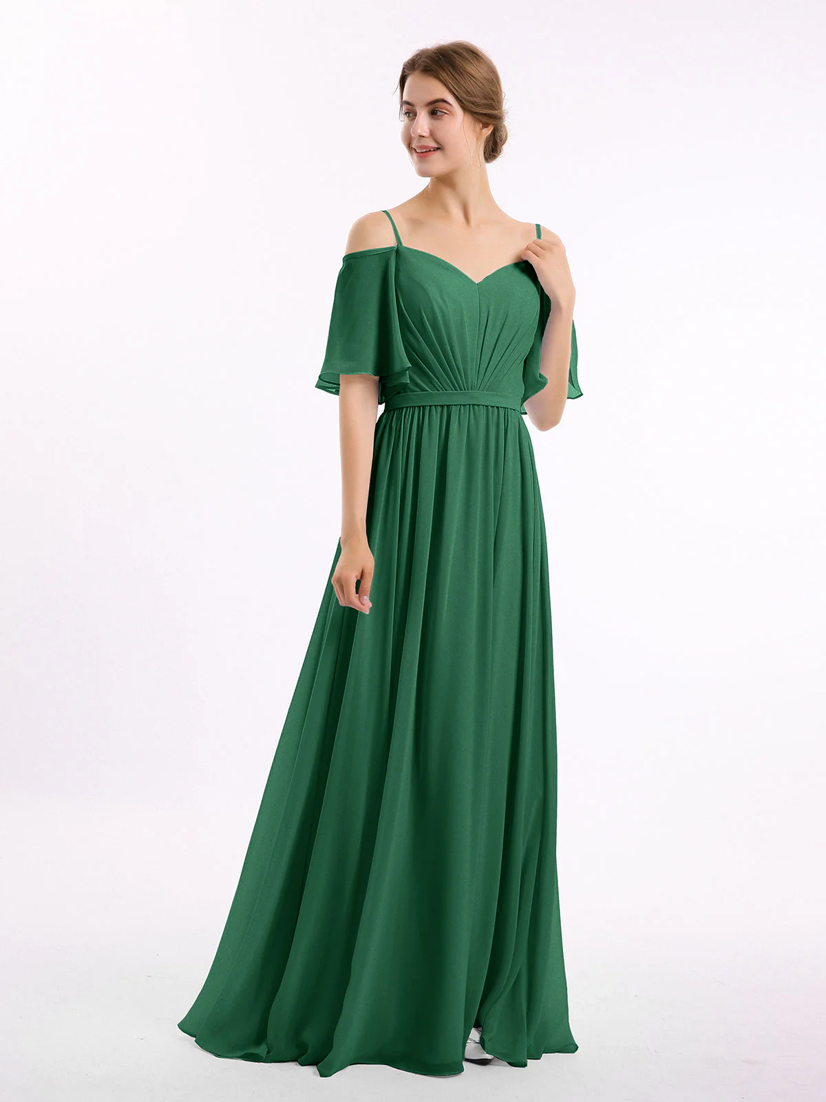 Off-The-Schulter Spaghetti Träger Chiffon Kleid Dunkelgrün - Image 3