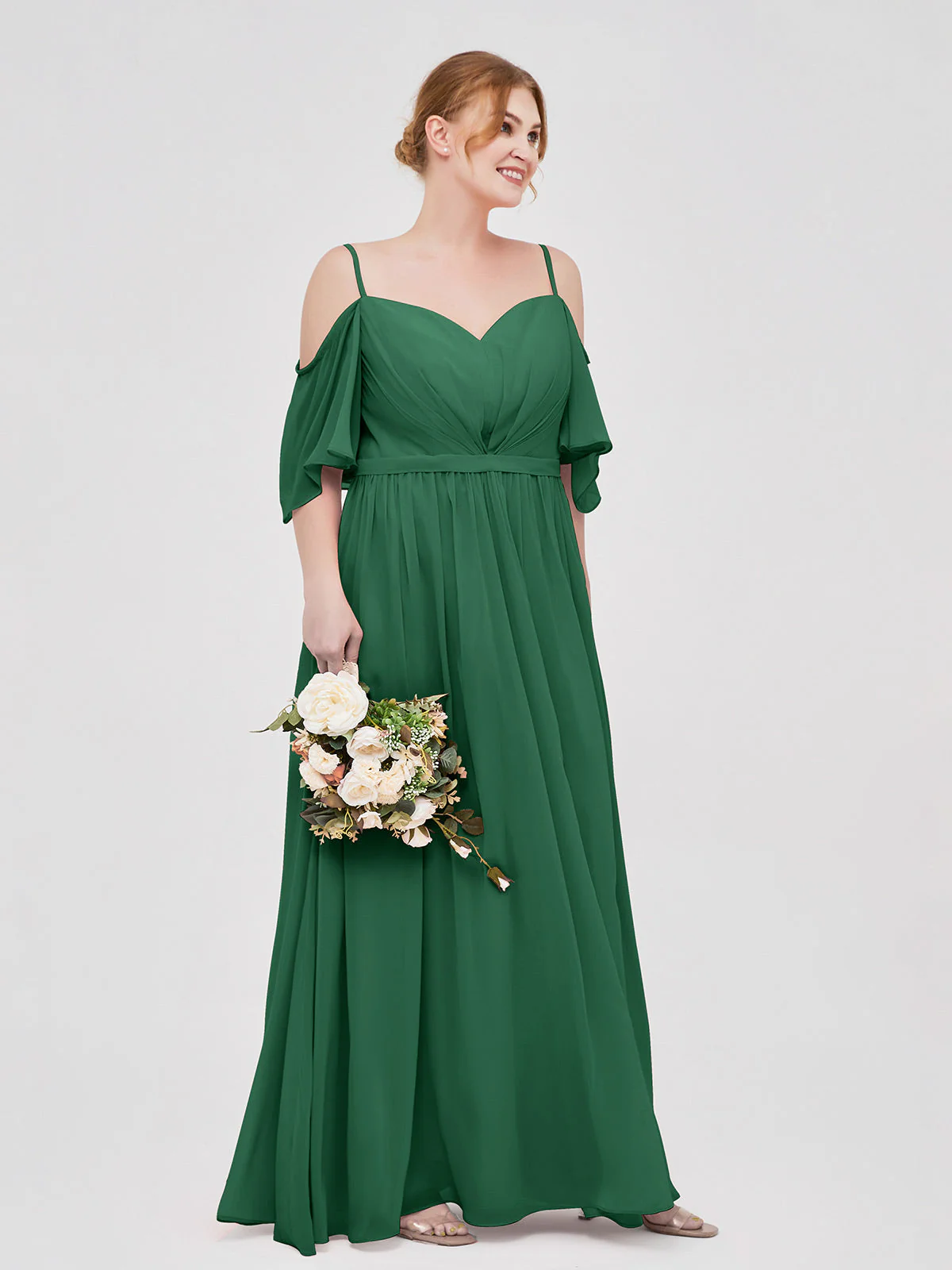 Off-The-Schulter Spaghetti Träger Chiffon Kleid Dunkelgrün - Image 9