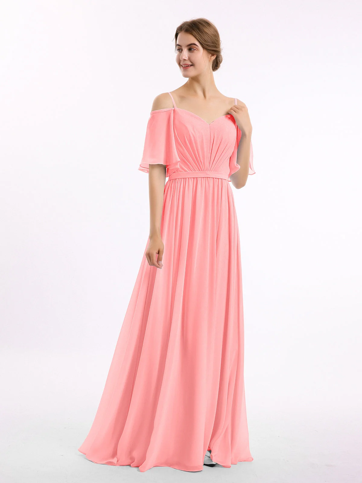 Off-The-Schulter Spaghetti Träger Chiffon Kleid Flamingo - Image 3