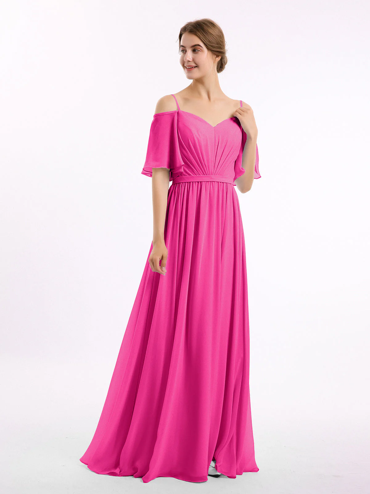 Off-The-Schulter Spaghetti Träger Chiffon Kleid Fuchsia - Image 3
