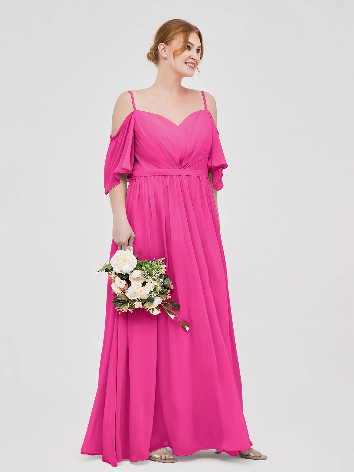Off-The-Schulter Spaghetti Träger Chiffon Kleid Fuchsia - Image 9