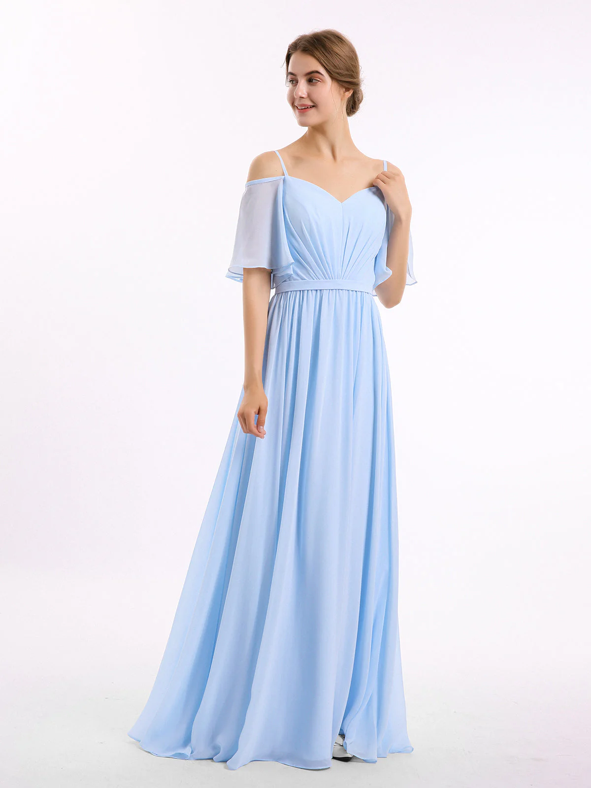 Off-The-Schulter Spaghetti Träger Chiffon Kleid Himmelblau - Image 3