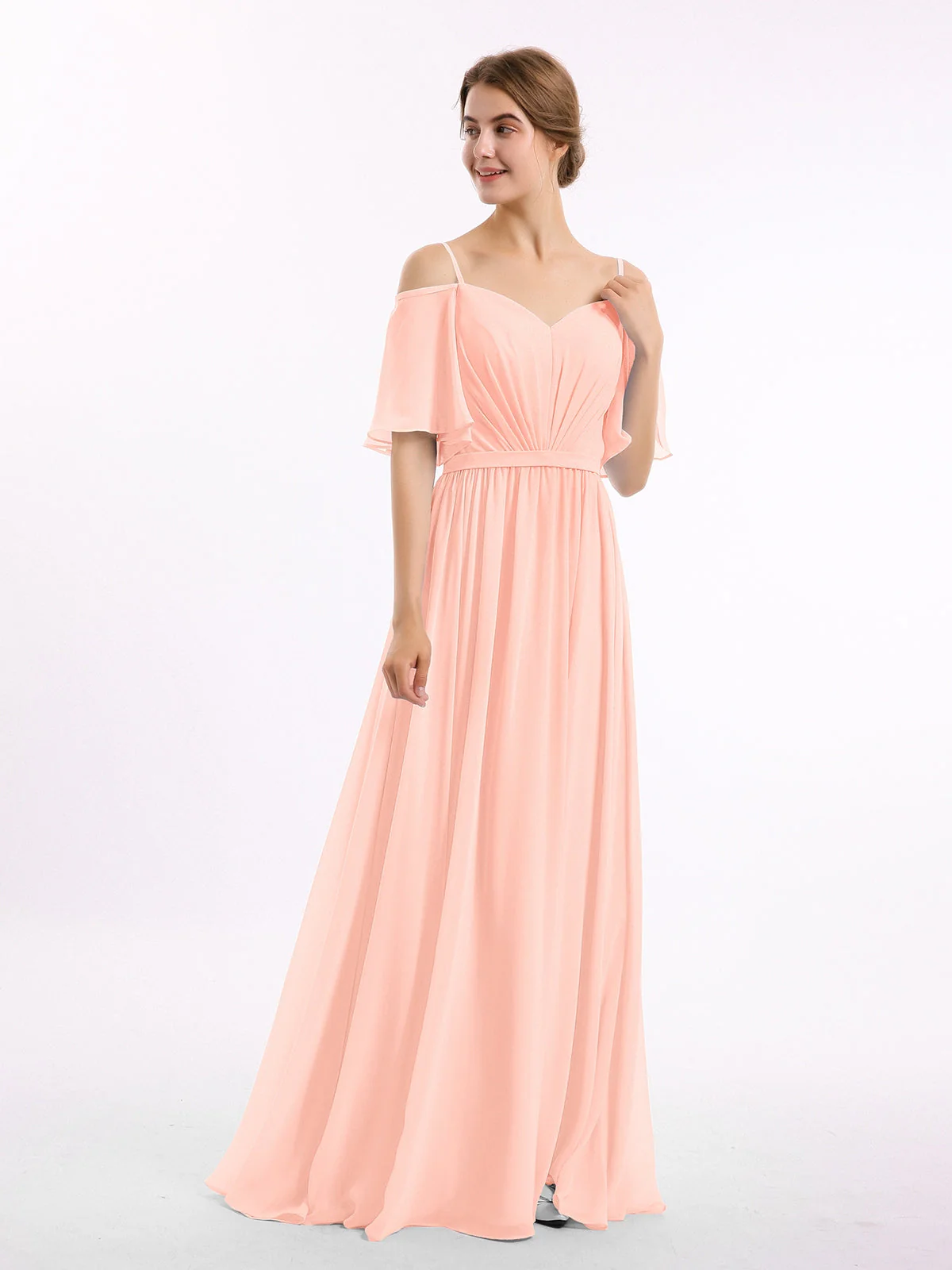 Off-The-Schulter Spaghetti Träger Chiffon Kleid Koralle - Image 3